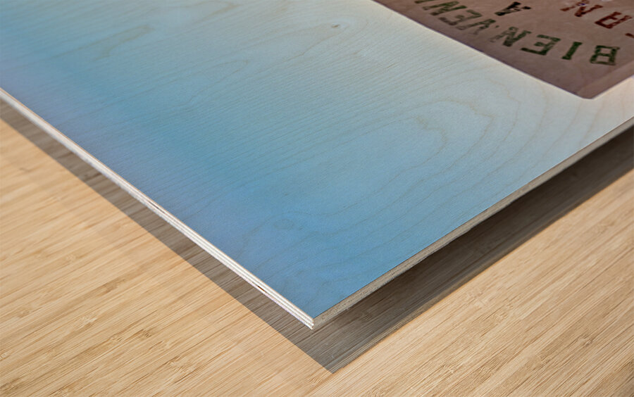 San Juan welcome sign and desert church building. Wood print