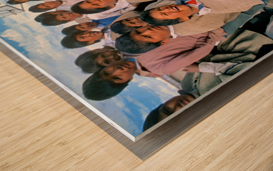 Diverse group of children posing outdoors with varied expression Wood print