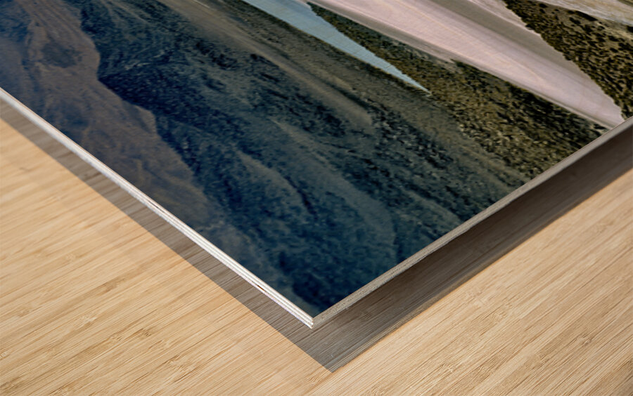 Scenic desert lake with white shore and rocky mountains. Wood print