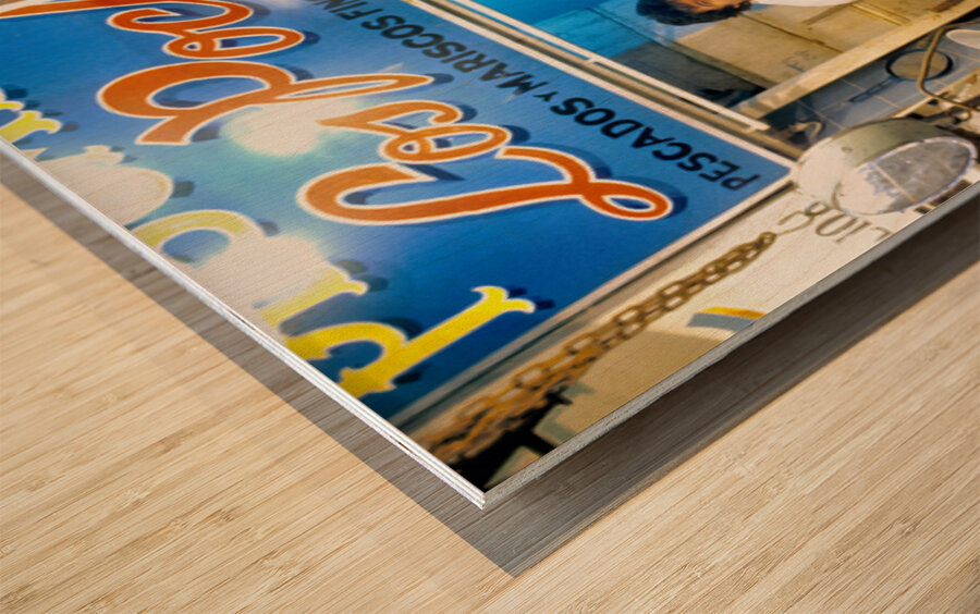 Lively fish market with fresh seafood and a peace sign. Wood print