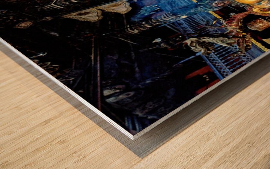 Boy interacts with religious artifacts in Kathmandu temple Wood print