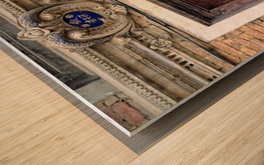 Woman in Kathmandu looks out from window in old building Wood print