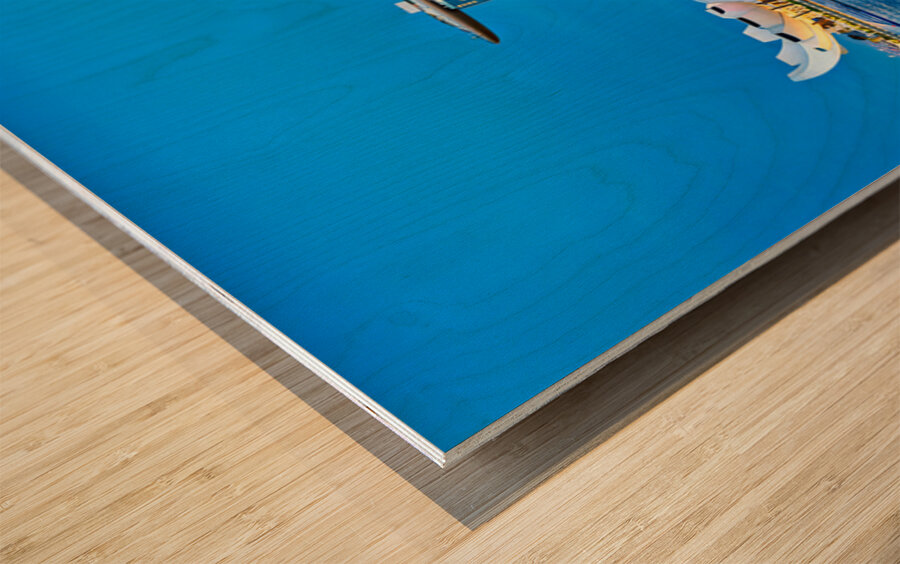 City skyline at sunset over Marina Bay with reflections on water Wood print