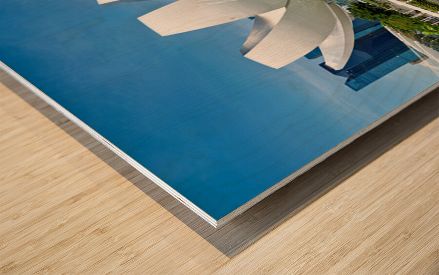 Visitors view ArtScience Museum and city skyline in Singapore Wood print