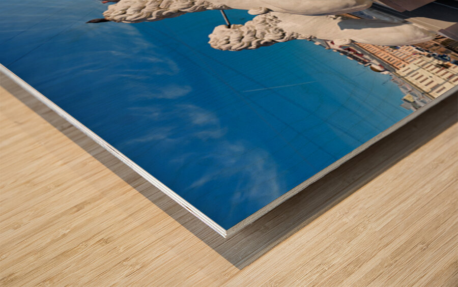 Lions guard the bridge in Saint Petersburg on a sunny day Wood print