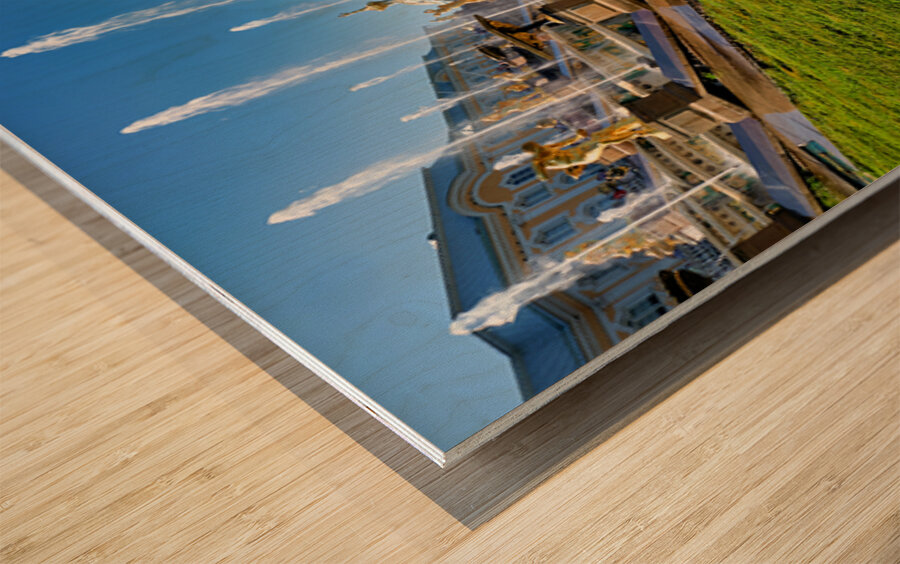 Golden statues at Peterhof Palace in St. Petersburg Russia Wood print