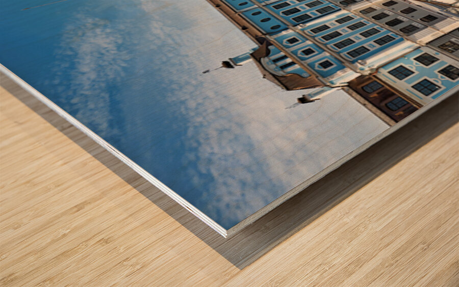 Cruiser Aurora in St. Petersburg with city background Wood print