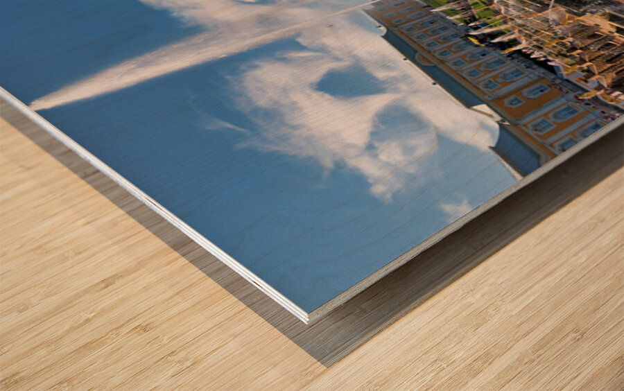 Visitors admire the fountains at Peterhof Palace Wood print