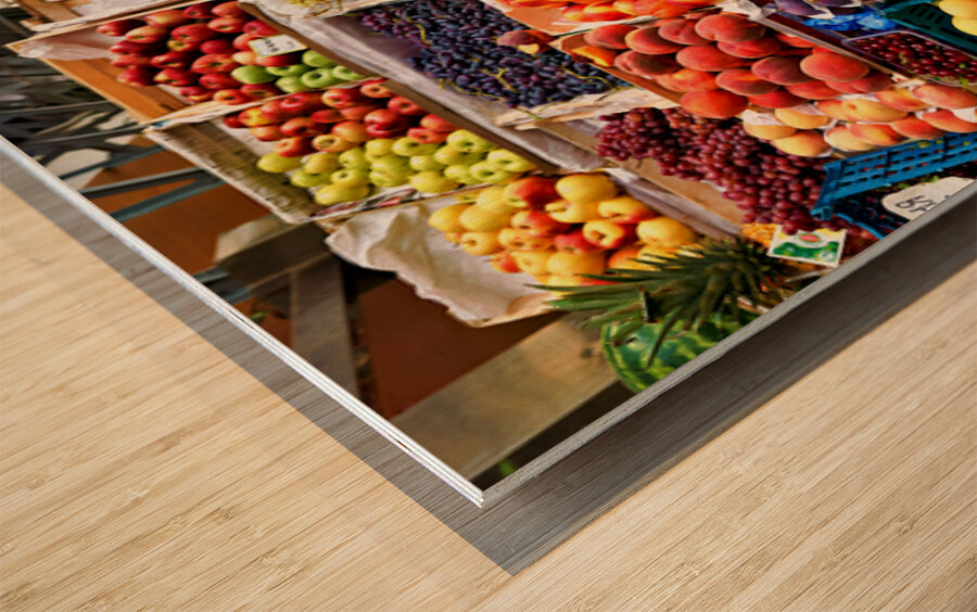 Fruits displayed at Kuznechnyy Rynok Market in Saint Petersburg Wood print
