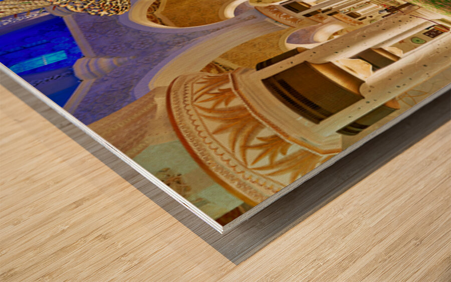 Visitors explore Sheikh Zayed Grand Mosque during evening hours Wood print