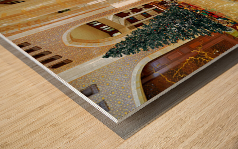 Luxury hotel lobby during holiday season in Oman Wood print