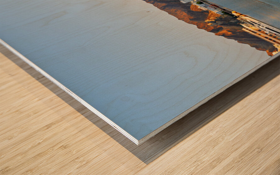 Waterfront view in Muscat Oman at sunset near boats Wood print