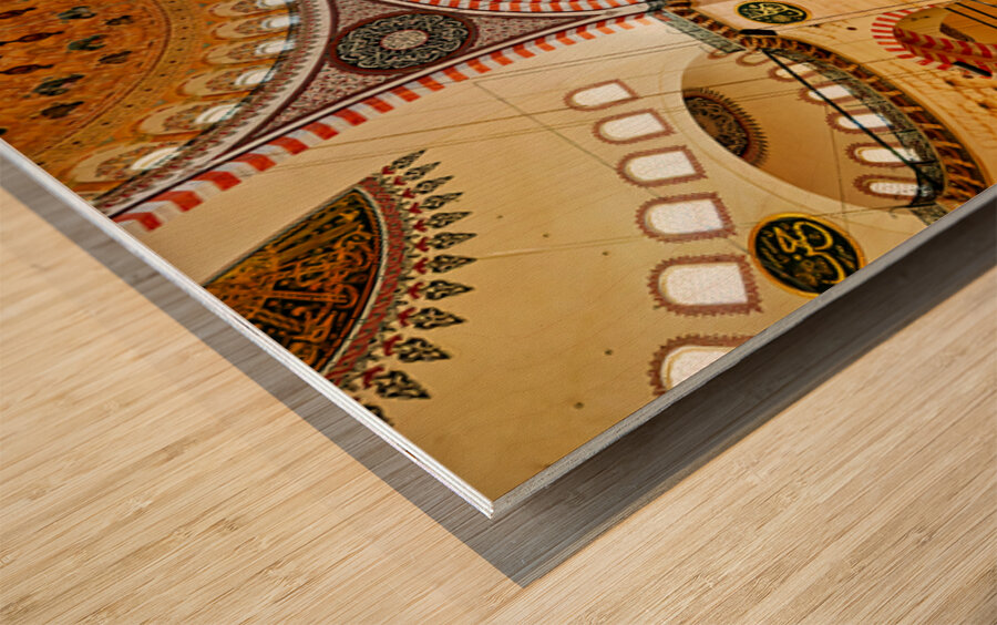 Ceiling light fixtures in Istanbuls Suleymaniye Mosque Wood print