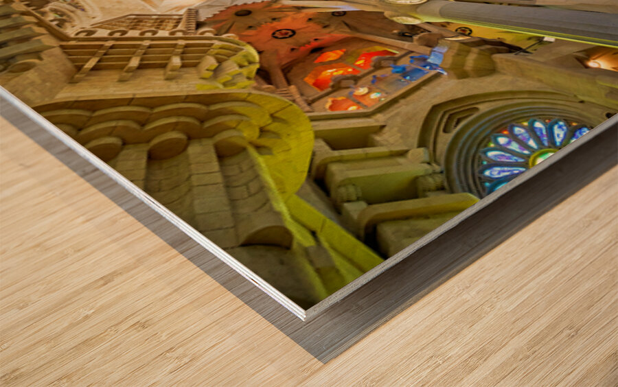 Interior view of Basílica de la Sagrada Familia in Barcelona Wood print