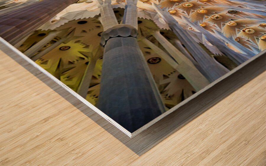 Visitors admire the Sagrada Famílias interior Wood print