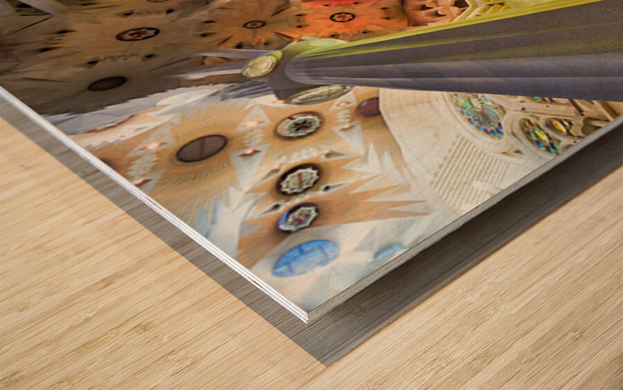 View of colorful windows inside Basílica de la Sagrada Família Wood print