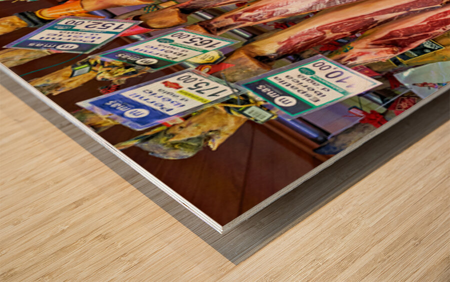 Jamon Iberico displayed in Mercat de Sant Josep de la Boqueria Wood print