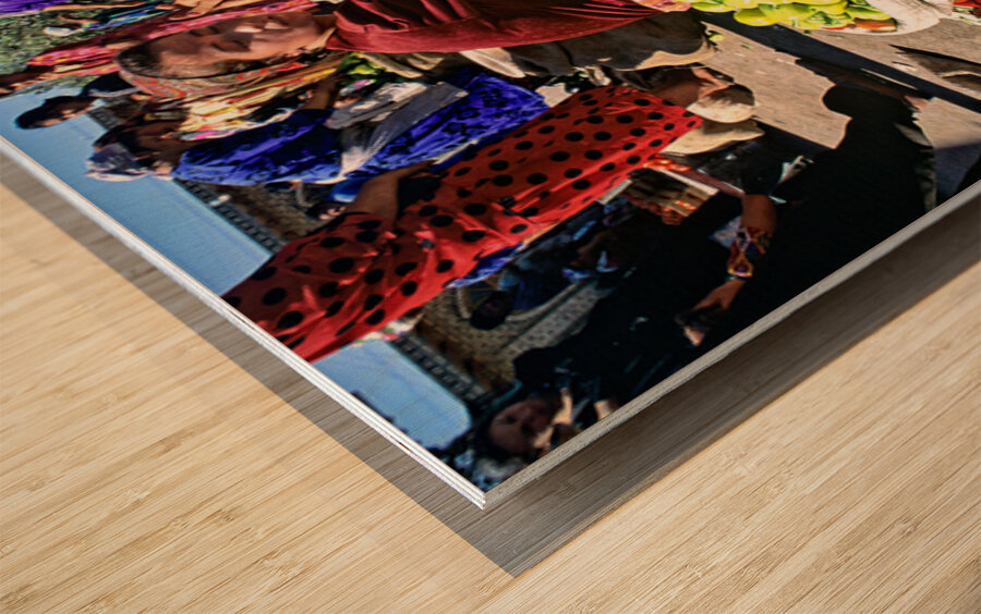 Market scene in Khiva with local produce and vendors Wood print