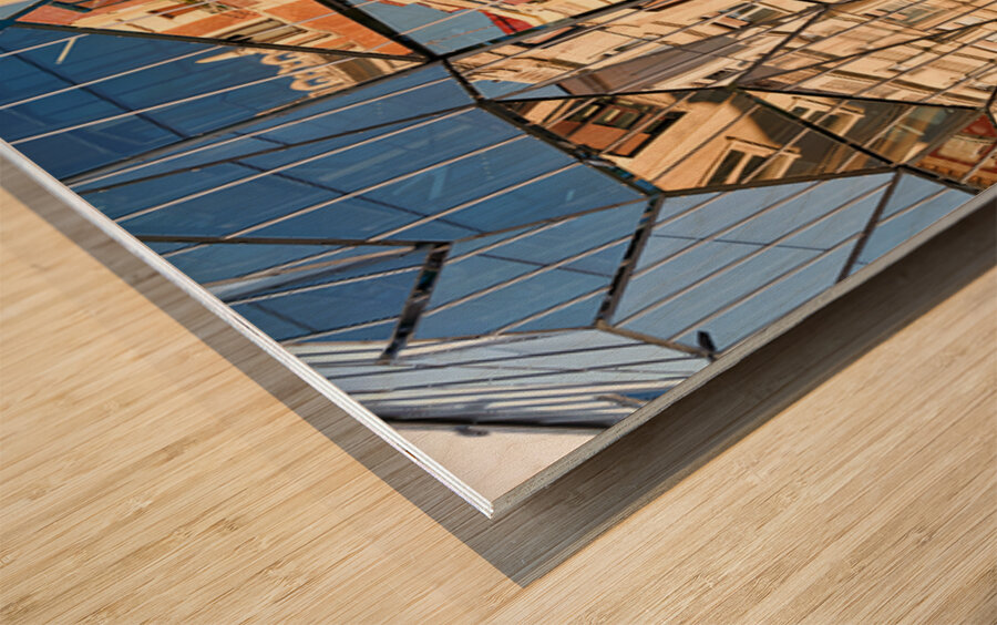 Modern building reflects city life in Bilbao Spain Wood print