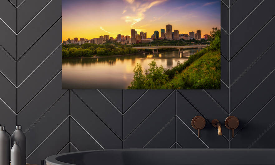 Sunset above Edmonton downtown and the Saskatchewan River Canada by Nick Fox