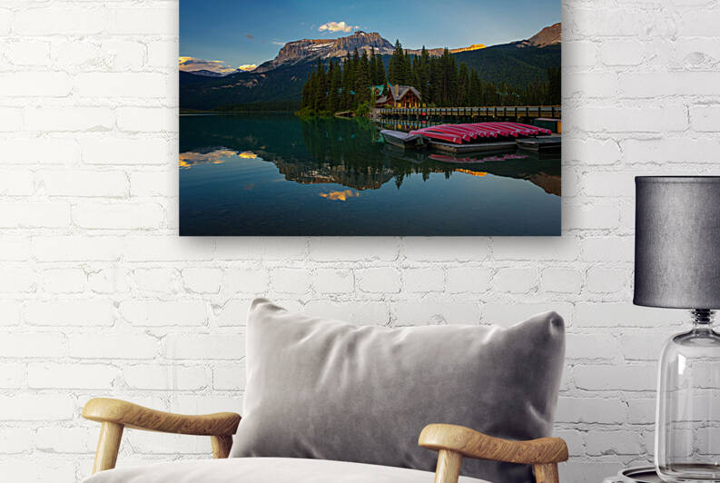 Canoes on beautiful Emerald Lake in Yoho National Park Canada by Nick Fox