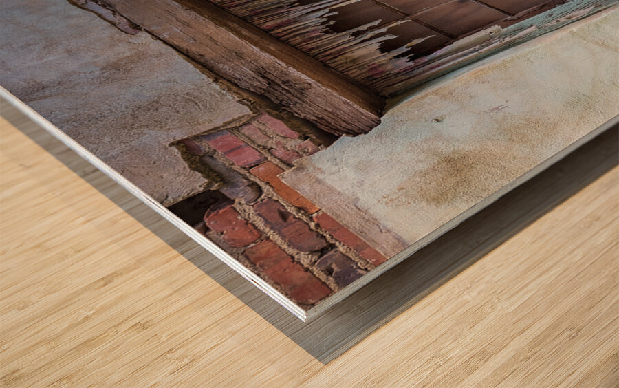 Tattered church window Wood print