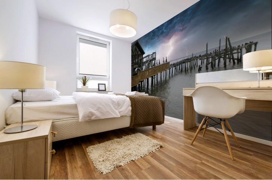 Lightning over Pier Mural print