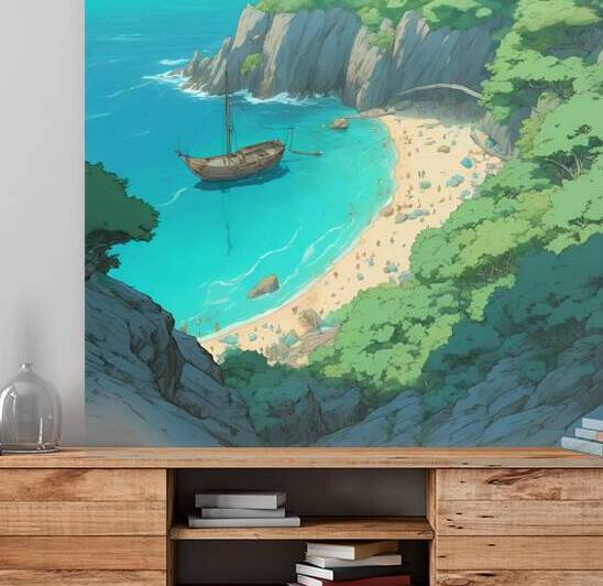 top view from a cliffbeach art there is a small parked wooden boat on the beach by Amina Ahmed