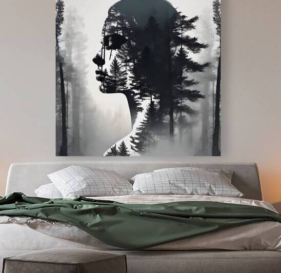 Silhouette of a Nordic queen filled with a forest  double exposure crisp lines monochrome background by Amina Ahmed