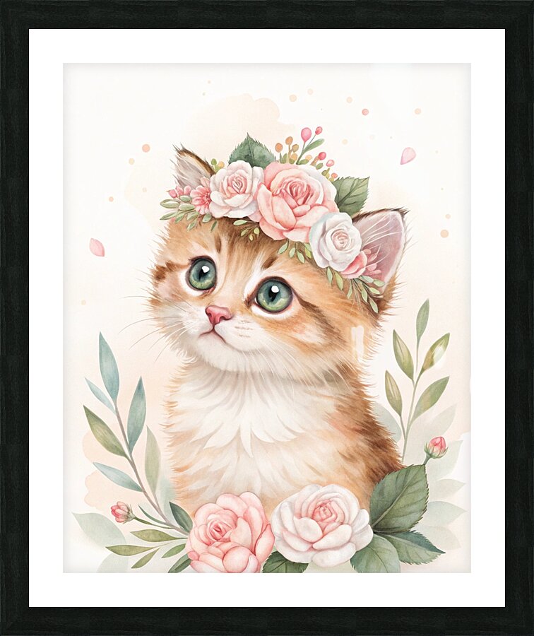 Watercolor Kitten with Floral Crown – Soft & Dreamy Nursery Art Print Picture Frame print