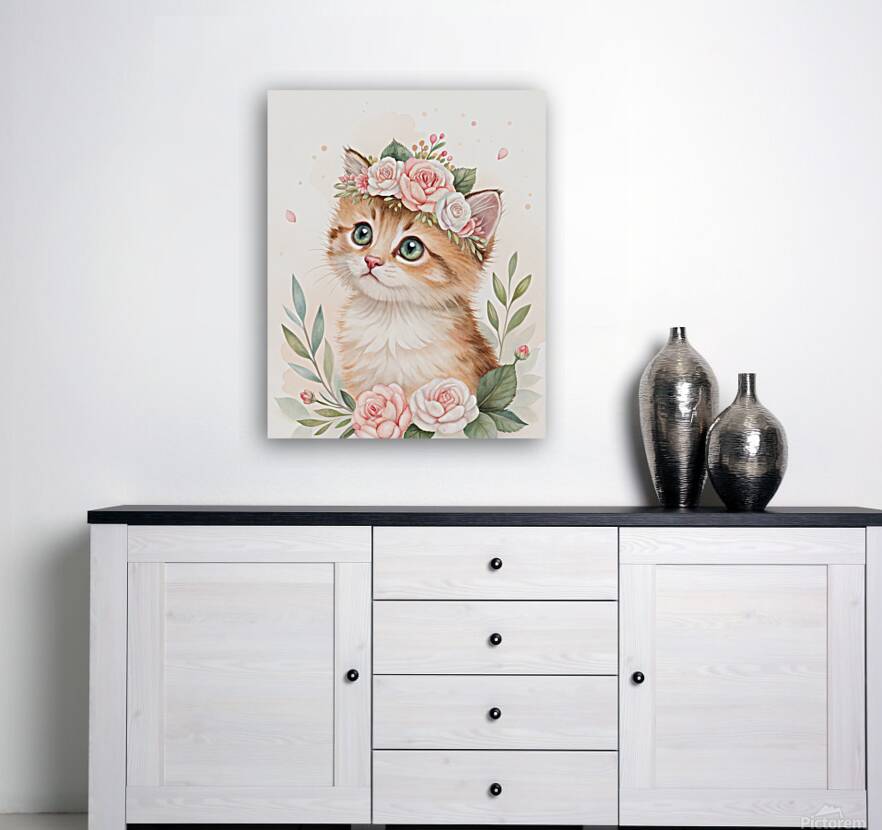 Watercolor Kitten with Floral Crown – Soft & Dreamy Nursery Art Print Reproduction