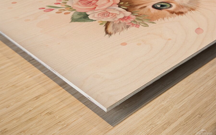 Watercolor Kitten with Floral Crown – Soft & Dreamy Nursery Art Print Wood print