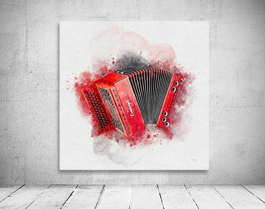 Red Vintage Accordion Watercolor Painting by Andreea Eva Herczegh