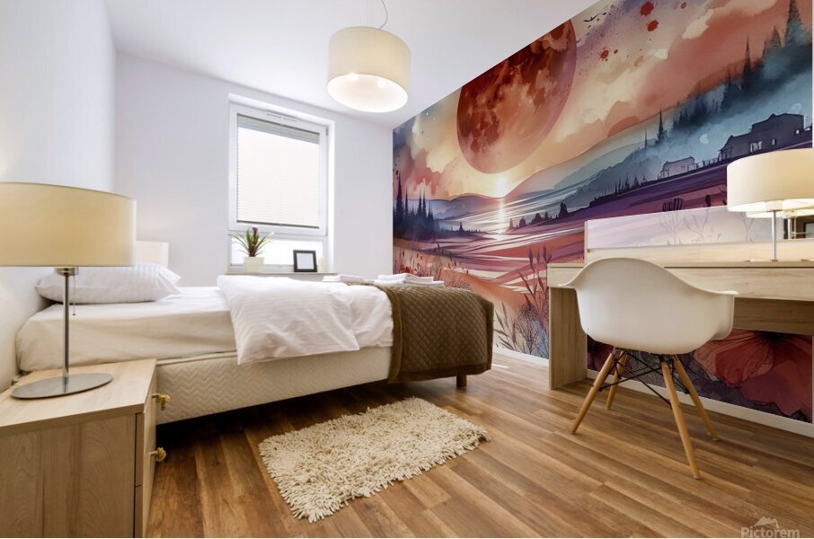 red moon fantasy landscape flowers Mural print