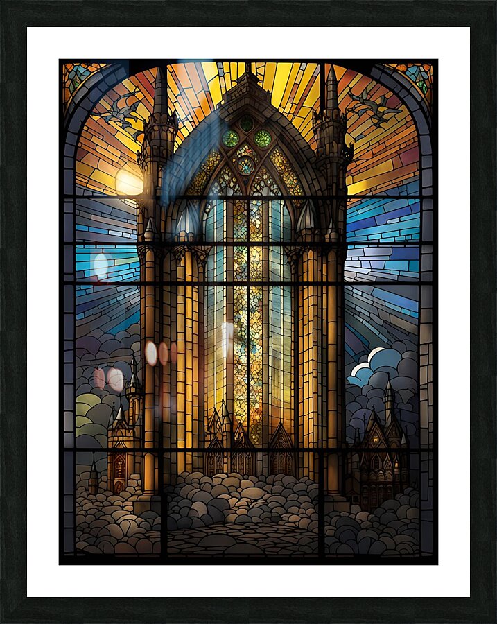 stained glass window artistic light scene castle. Picture Frame print