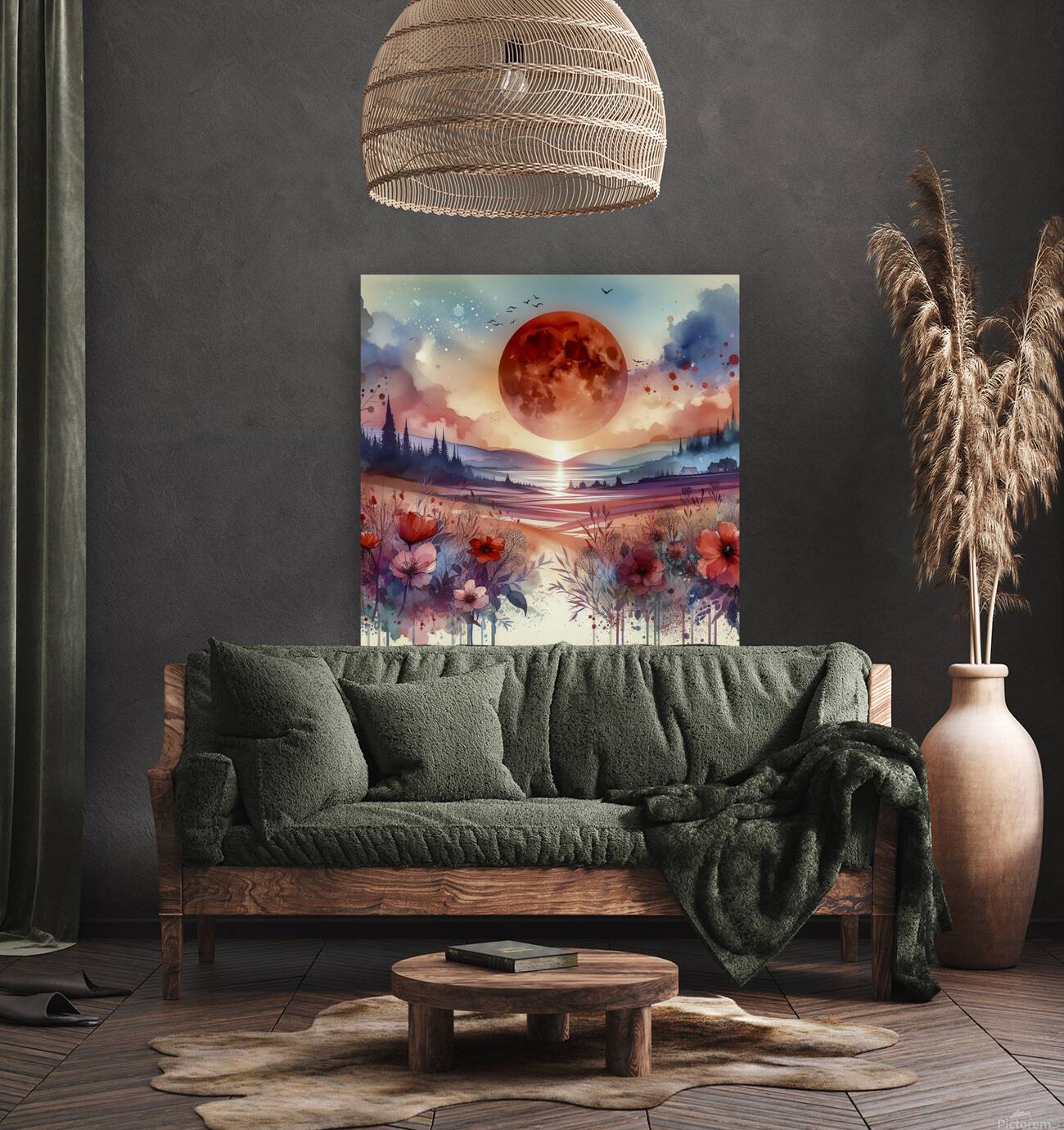 red moon fantasy landscape flowers Reproduction