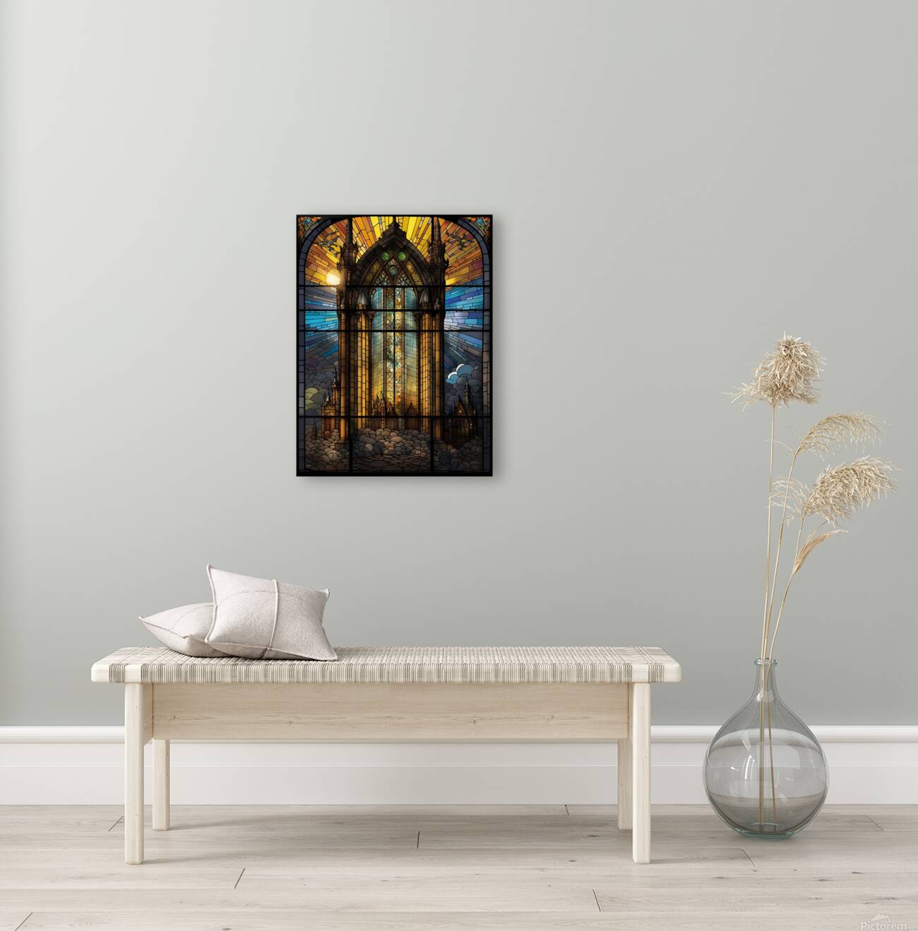 stained glass window artistic light scene castle. Reproduction