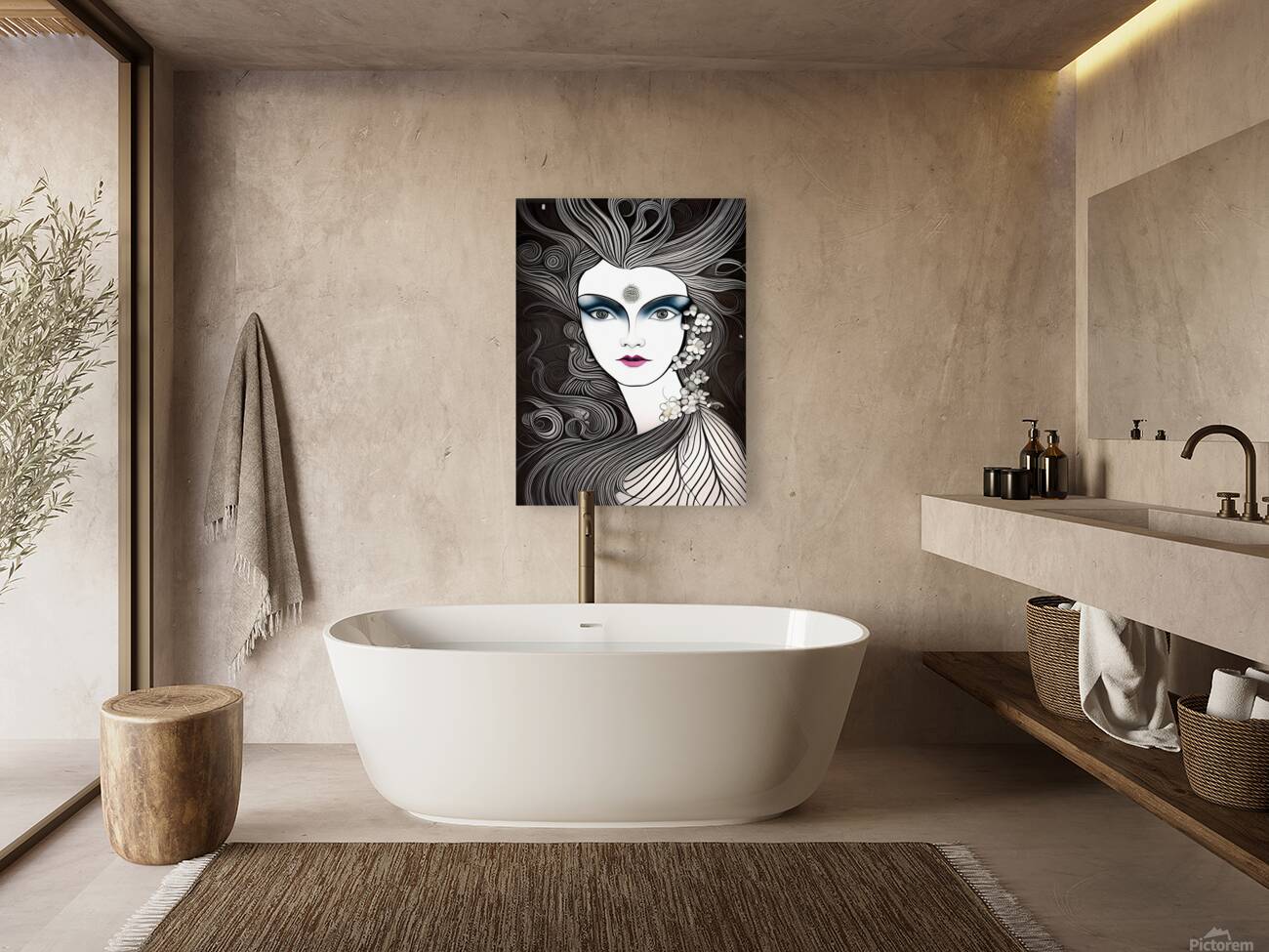 woman face art nouveau line art drawing vintage r Reproduction