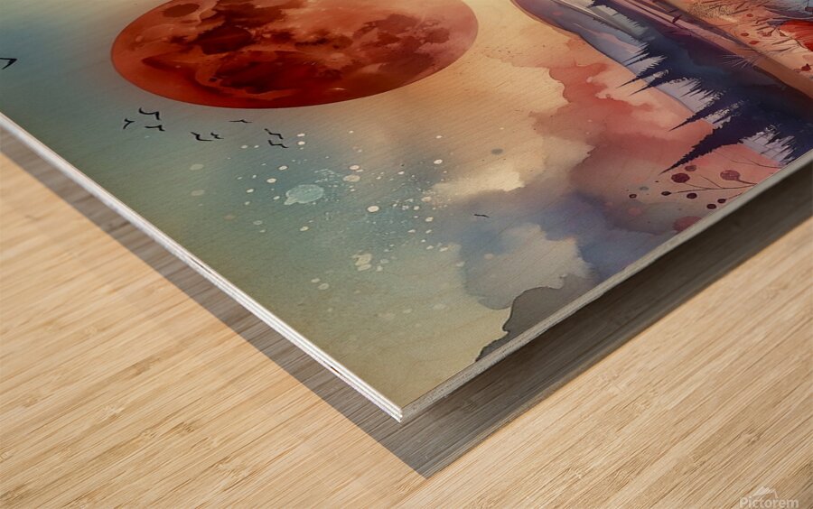 red moon fantasy landscape flowers Wood print