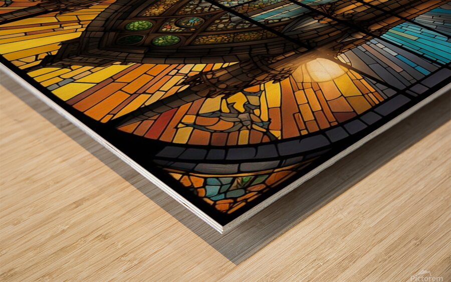 stained glass window artistic light scene castle. Wood print