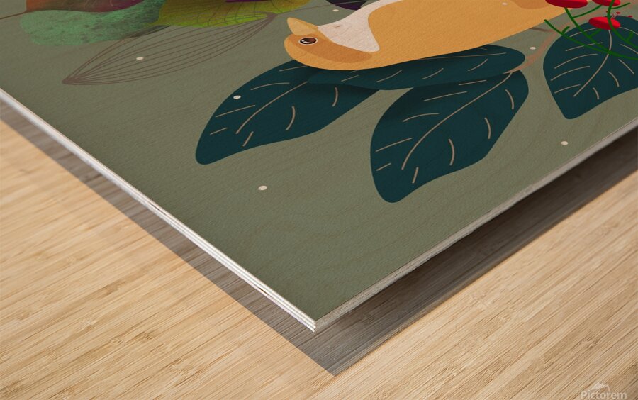 flowers branches leaves bird plants spring summer Wood print