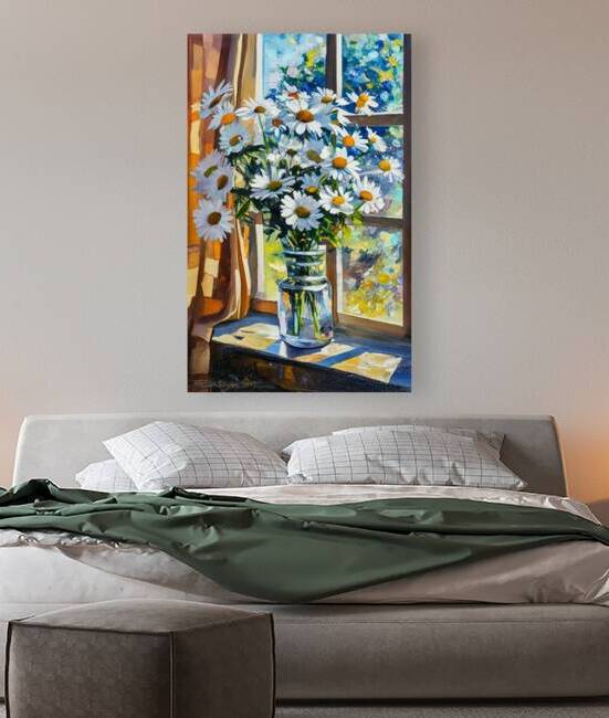 A painting of daisies in a vase on a window sill by Billya