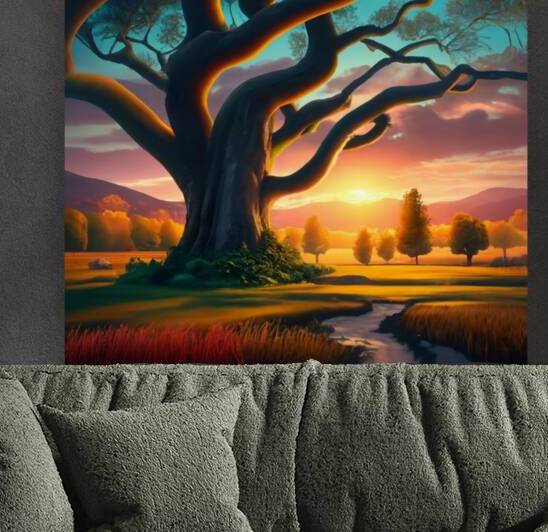 Sunset Nature Landscape With Big Tree Backg by Billya