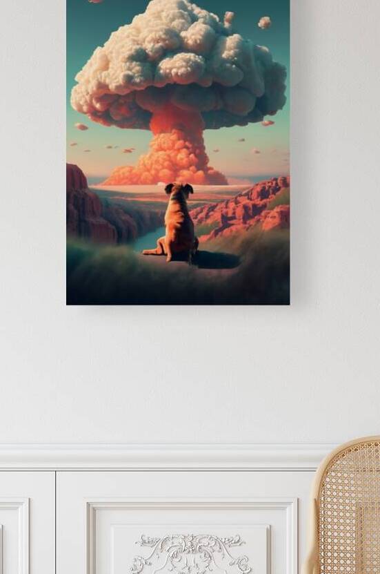 a dog sitting in front of a huge mushroom cloud.j by Billya