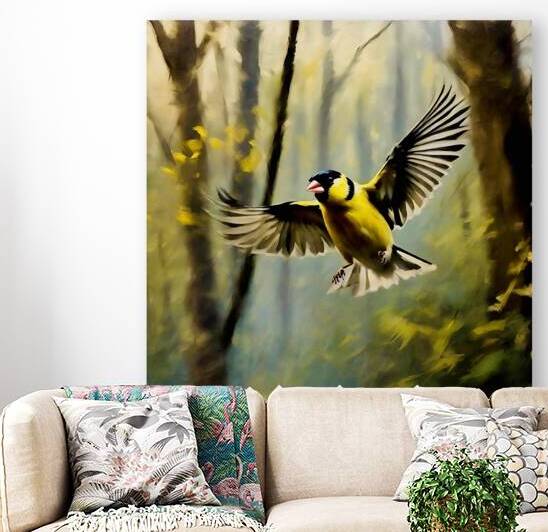 American Goldfinch flying between trees by Island Art Studio