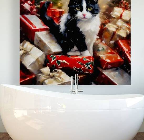 Cute kitten sat on Christmas presents by Island Art Studio