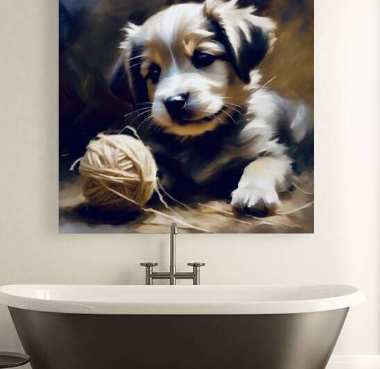 Cute puppy with a ball of wool by Island Art Studio