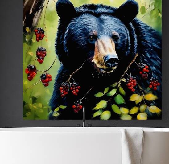 Black bear eating wild berries by Island Art Studio