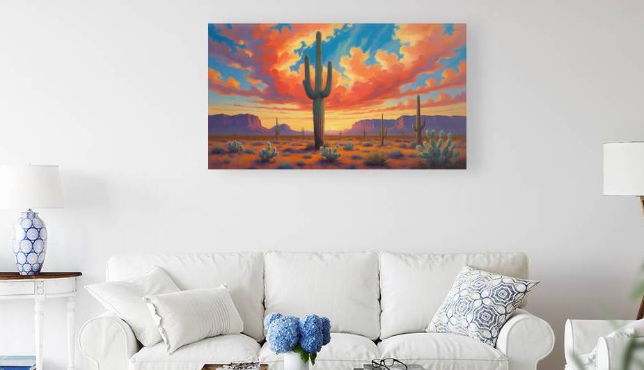 Desert Sunset Landscape – Cacti & Colorful Skies Painting by osboii ssousi