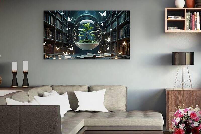 Arcane Botanical Orb – Magical Floating Plant in Wizard’s Library Digital Art Print by osboii ssousi